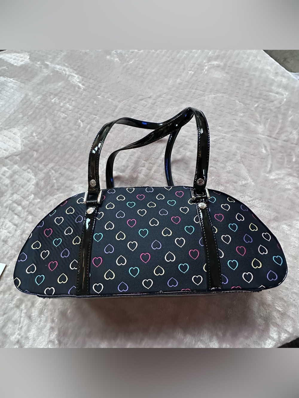 Black Heart-Print Dome Tote with Patent Trim